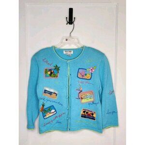 Jack B Quick Sz PL Tropical Vacation Postcard Ramie Cotton Button Cardigan Cute